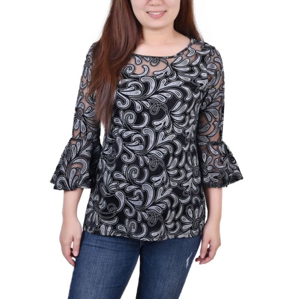 NY Collection Petite Burnout Bell-Sleeve Top
